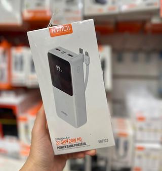 ￼Power Bank KAIDI 20000mAh Portátil | 22.5W Turbo + 20W PD Cabos Tipo-C e Lightning Integrados | Display Digital KNC-232