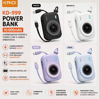 ￼Power Bank Magnético 10000mAh KAIDI KD-999 Carregamento por Indução com 2 Cabos Embutidos Turbo